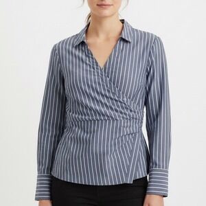 LOFT Striped Wrap Shirt Blue White Button Front Long Sleeve Size 14